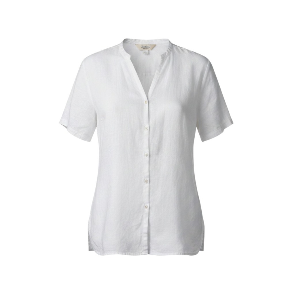 Talbots Irish Linen White Short Sleeve Button Front Blouse Split Neck Top
